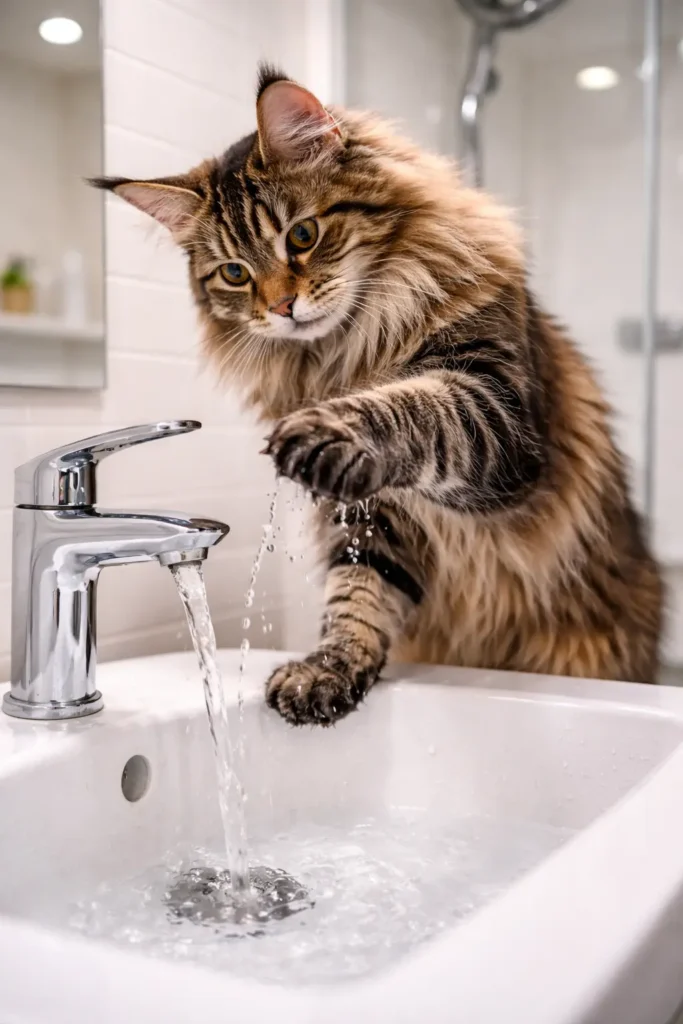 Musluktan akan suyla patisiyle oynayan ve suyu çok seven sevimli Maine Coon kedisi.