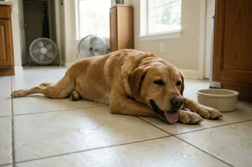 Sıcak bir yaz gününde yerde serinlemeye çalışan, halsiz ve iştahsız köpek
