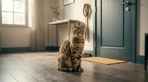 Altın sarısı tüyleri ve vahşi leopar desenleriyle evin içinde duran asil Bengal kedisi.