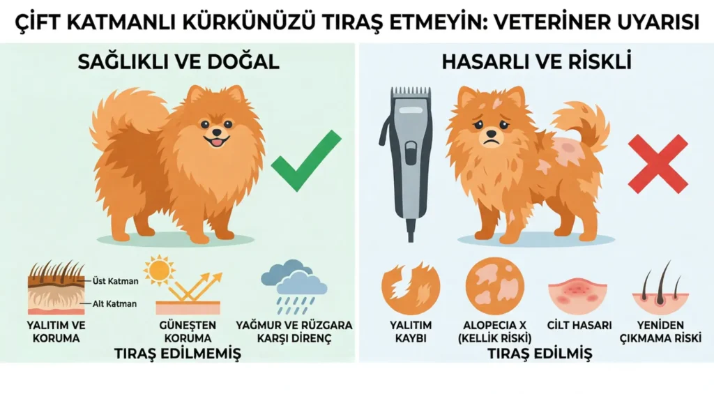 Pomeranian köpeklerde makine ile yapılan kısa tıraşın (Boo cut) kalıcı tüy dökülmesine (Alopecia X) yol açma riskini gösteren veteriner uyarı infografiği