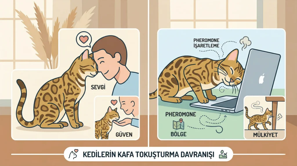 Kedilerde kafa atmanın sevgi, eşyalara sürtünmenin ise işaretleme anlamına geldiğini gösteren bilgi grafiği.