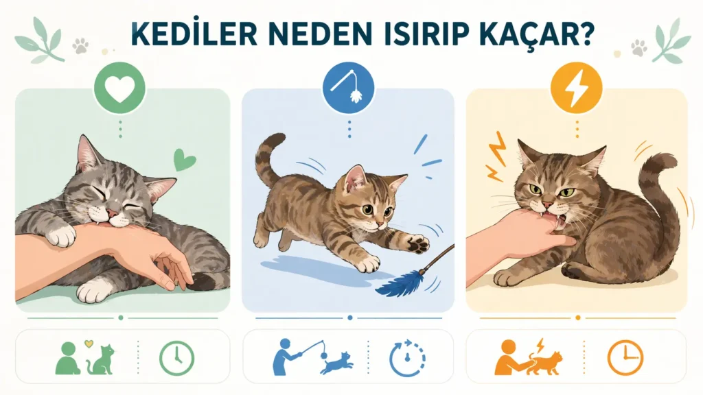 Kedi ısırığının 7 farklı türünü ve oyun mu yoksa stres agresyonu mu olduğunu gösteren veteriner infografiği