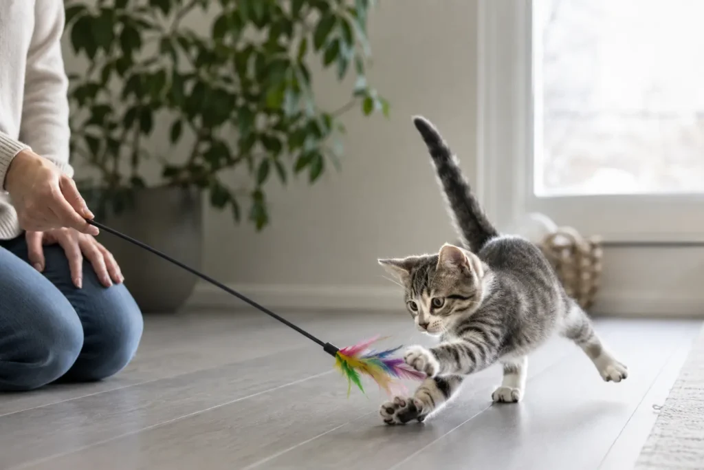 El ve ayak yerine olta oyuncakla avlanma davranışına yönlendirilen genç kedi