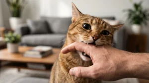 Sahibinin elini ısıran ve avcılık içgüdüsüyle kulakları dikilmiş genç kedi