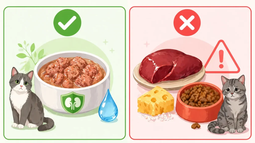Böbrek hastası kediler için güvenli gıdalar (tavuk, renal mama) ve kesinlikle yasaklı yüksek fosforlu gıdaları (ciğer, peynir) gösteren veteriner tablosu