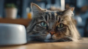 Su kabının başında bekleyen ve halsiz görünen yaşlı kedi, kedilerde böbrek diyeti