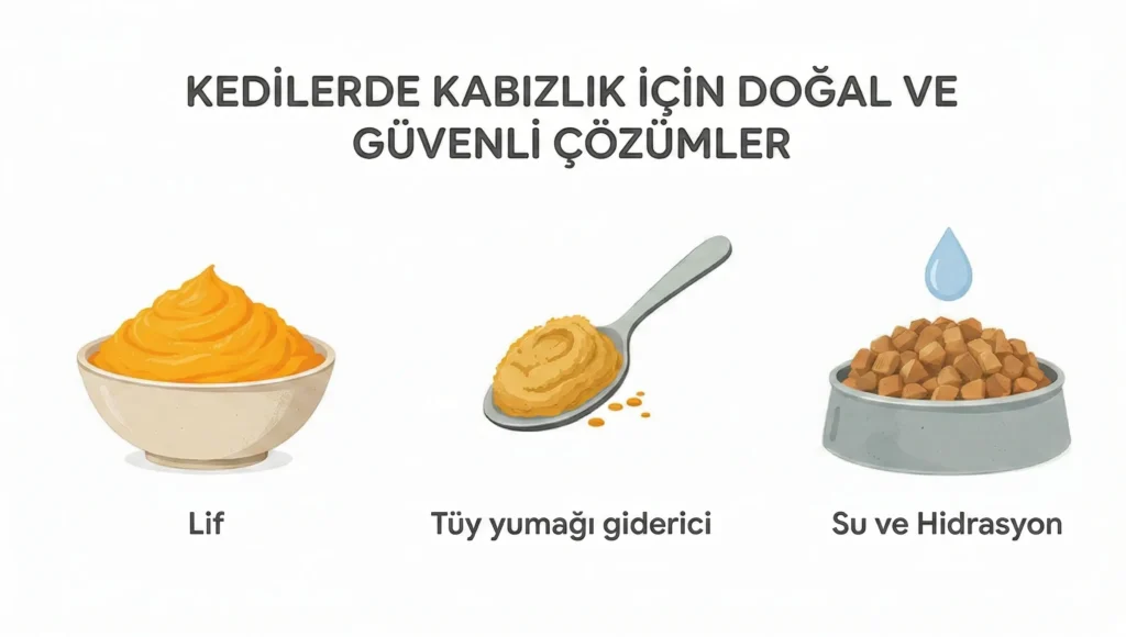 Kedilerde kabızlık sorununu çözmek için mamaya eklenebilecek güvenli ve doğal lif kaynaklarını (Kabak Püresi, Malt, Yaş Mama) gösteren infografik