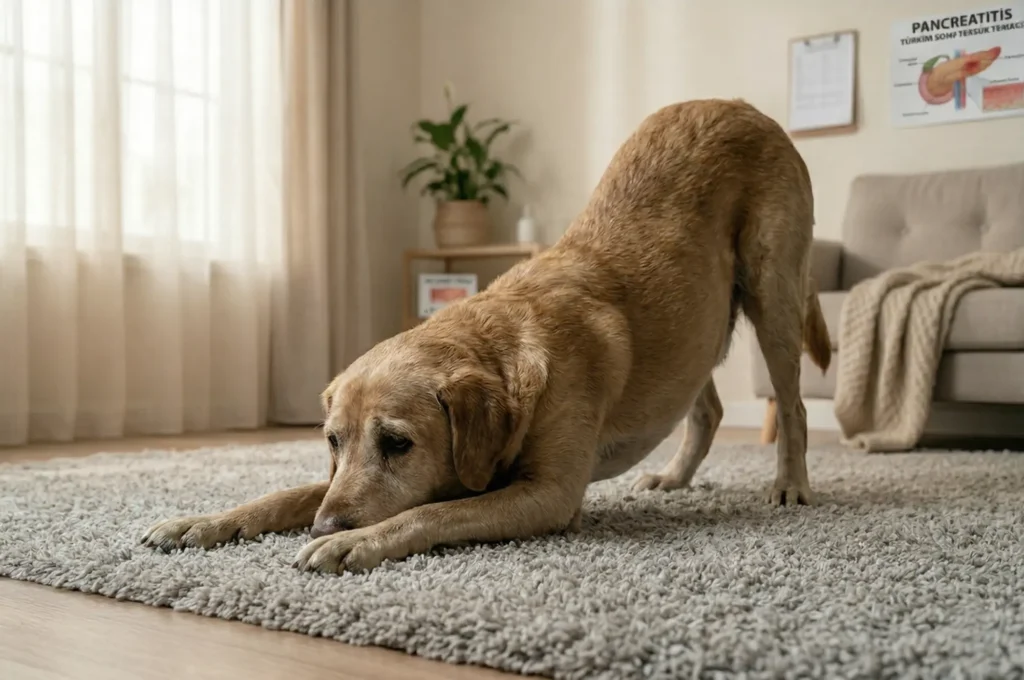 Pankreatit kaynaklı karın ağrısını hafifletmek için ön patilerini yere uzatıp kalçasını havaya kaldıran (dua pozisyonu) köpek.