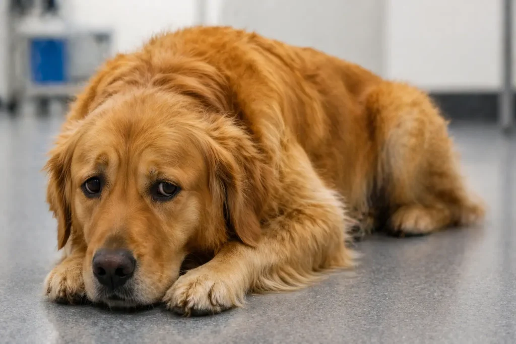Ot yedikten sonra mide bulantısı yaşayan ve sarı safra kusma belirtisi gösteren köpeğin veteriner kliniğindeki görünümü