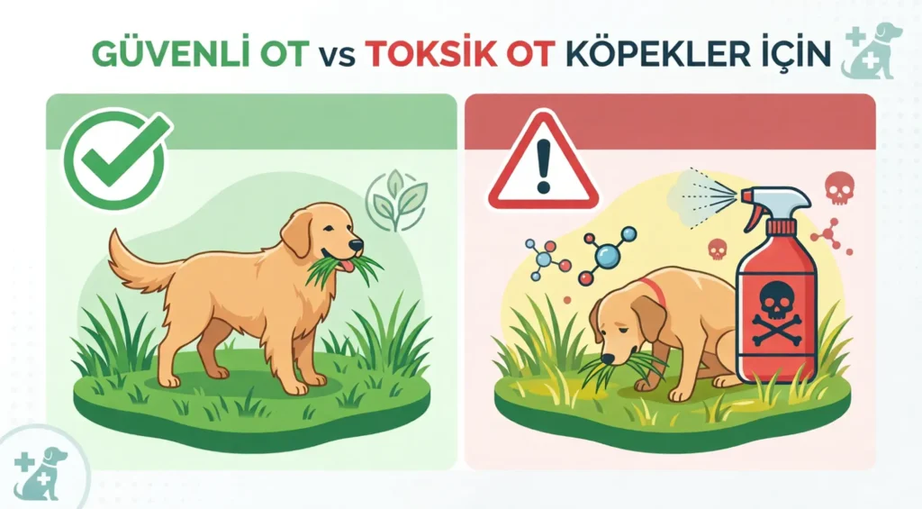 Köpeklerde masum ot yeme davranışı ile pestisit (tarım ilacı) zehirlenmesi arasındaki hayati farkları gösteren veteriner uyarı infografiği