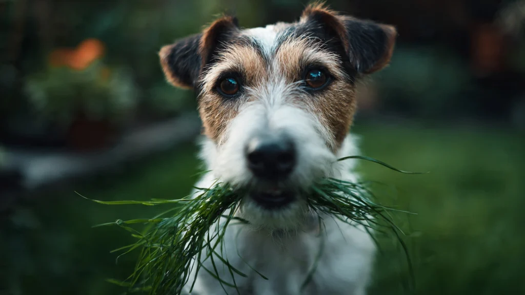 Parkta yeşil çimleri yiyen ve ardından rahatsızlık hisseden köpek