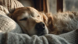 Yatakta sahibinin bacaklarına sırtını yaslayarak huzurla uyuyan bir Golden Retriever