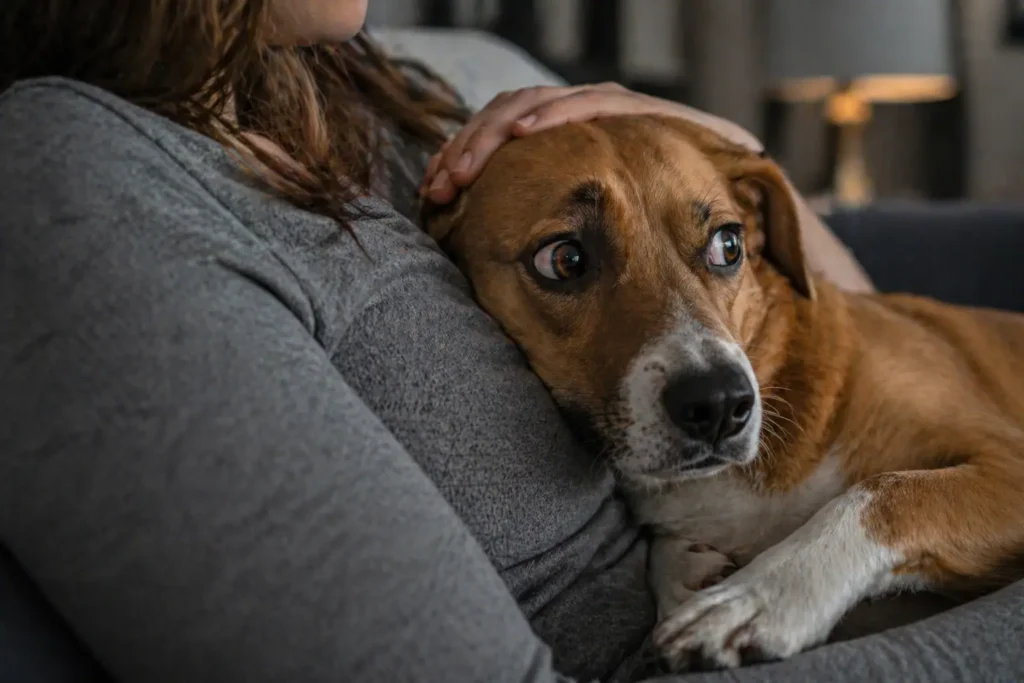 Sahibinin göğsüne yatmış, anksiyete ve kaygılı gözlerle bakan evcil köpek