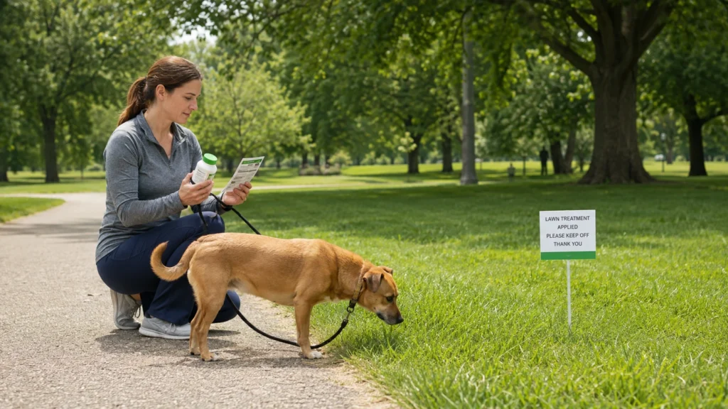 Köpeğin ot yemesine izin vermeden önce ilaçlanmış çim alanını kontrol eden sahibi