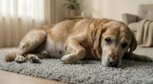 Şiddetli karın ağrısı ve mide bulantısı çeken, bitkin düşmüş hasta bir köpek.