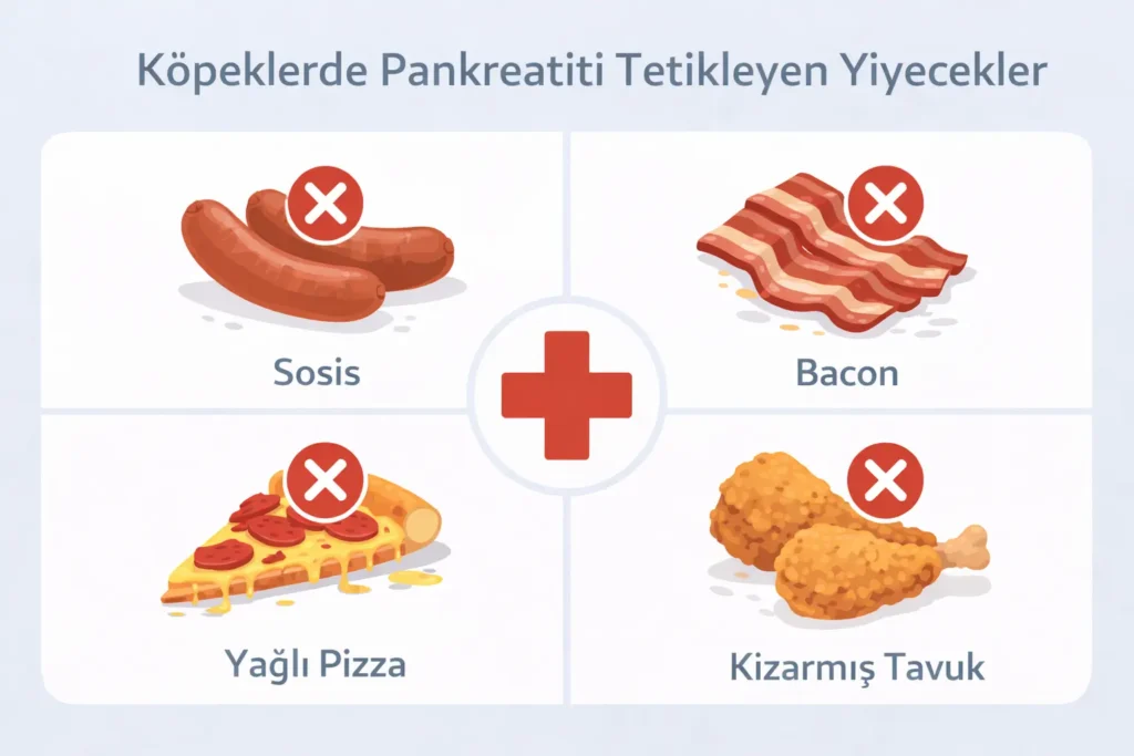 Köpeklerde pankreatiti tetikleyen sosis, pastırma, yağlı peynir ve kızartma gibi tehlikeli insan gıdalarını gösteren infografik.