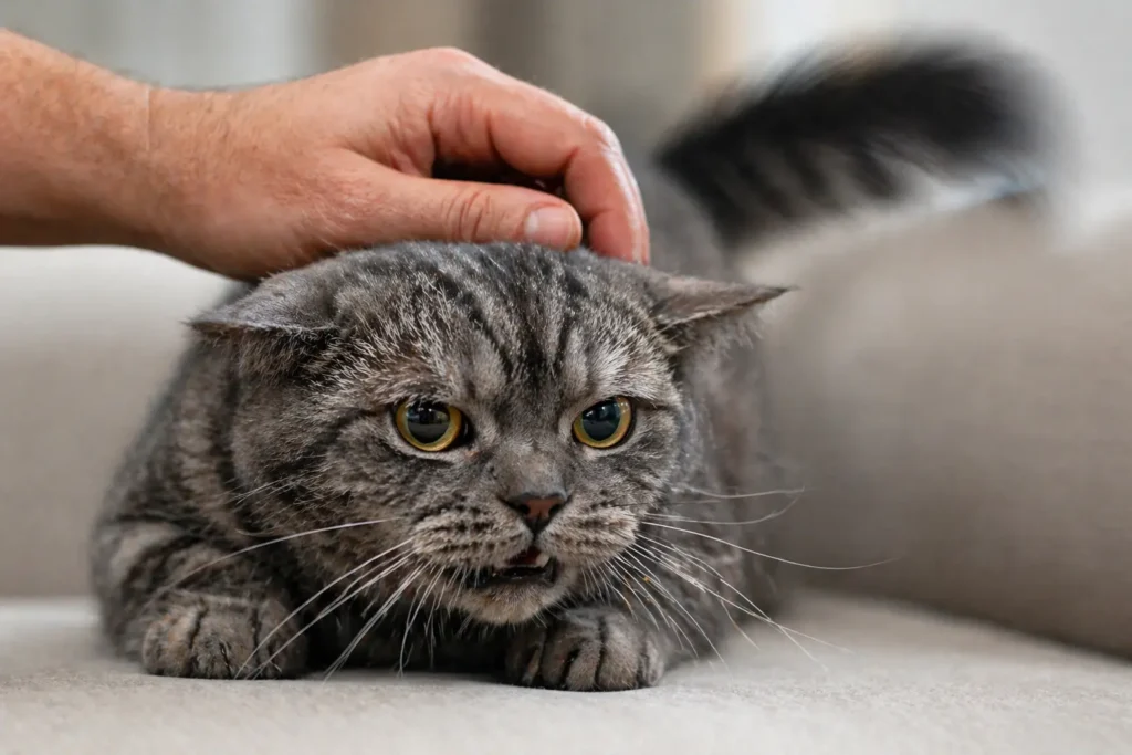 Sevilirken aşırı uyarılma (petting aggression) yaşayan ve kuyruğunu sallayarak uyarı veren gergin kedi