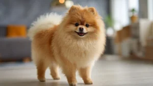 Kameraya gülümseyen, meşhur Boo cut stili tıraş edilmiş sevimli Pomeranian köpeği