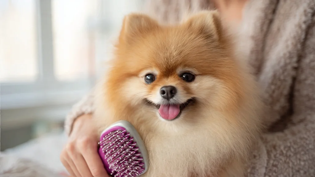 Pomeranian ırkı köpeklerin çift katmanlı yoğun tüylerinin özel bir fırçayla nazikçe taranması.