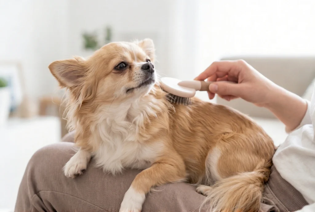 Sahibinin dizlerinde oturan uzun tüylü (Long Coat) bir Chihuahua'nın yumuşak fırça ile taranma anı