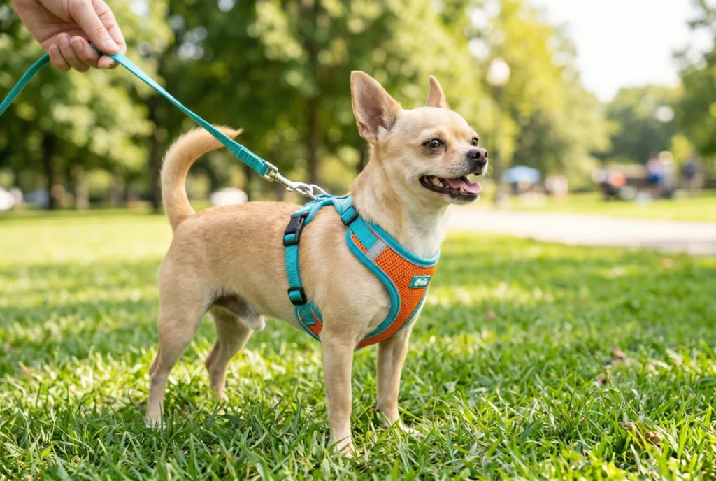 Nefes borusunu korumak için güvenli bir göğüs tasması (harness) takılmış sevimli Chihuahua