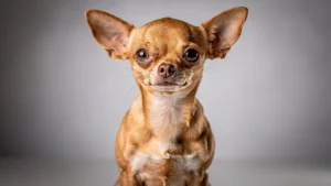 Büyük, dik kulakları ve cesur bakışlarıyla objektife odaklanmış kısa tüylü, elma kafa (apple head) bir Chihuahua