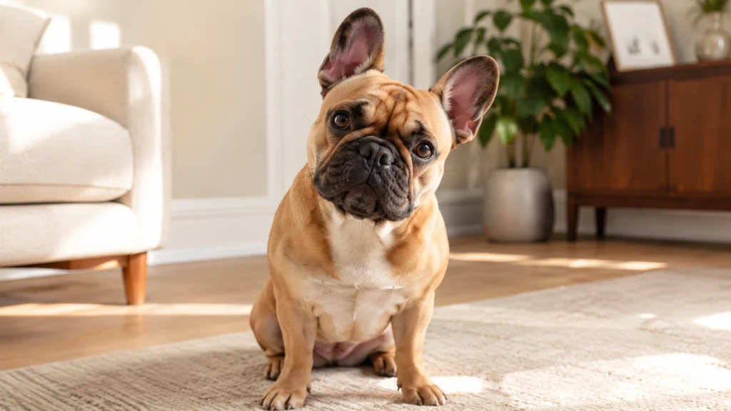 Yarasa kulakları ve sevimli yüz ifadesiyle oturan Fransız Bulldog köpeği.
