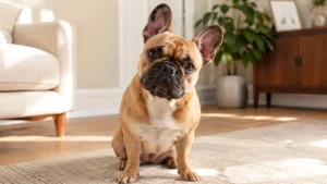 Yarasa kulakları ve sevimli yüz ifadesiyle oturan Fransız Bulldog köpeği.