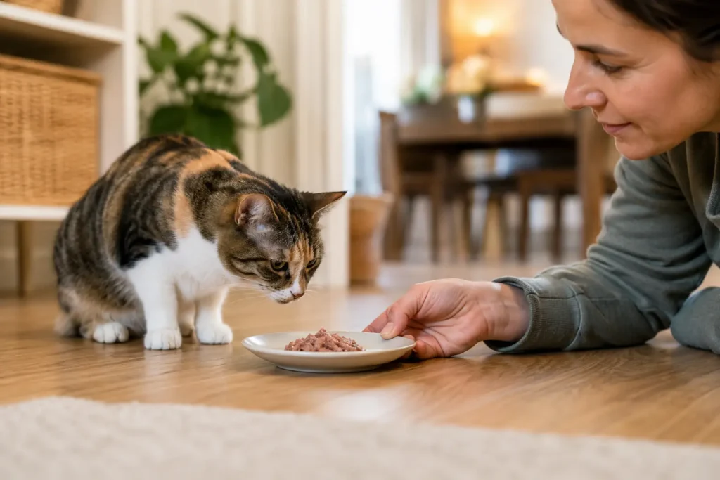 İştahını açmak ve bıyık stresini (whisker fatigue) önlemek için düz, geniş bir tabakta ılıtılmış yaş mama sunulan kedi