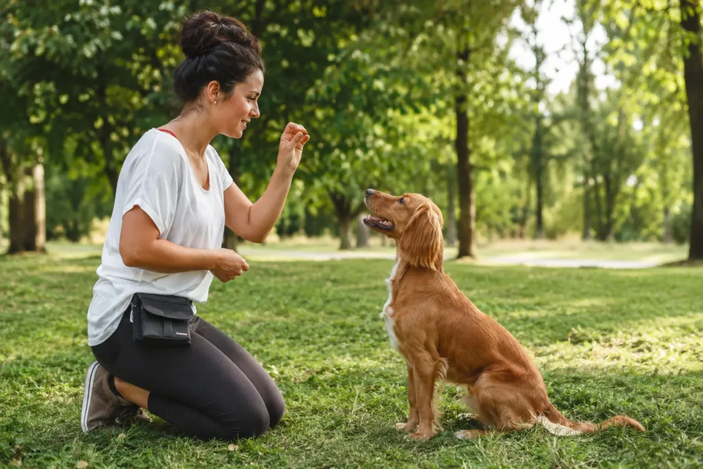 Sahibinden komut beklerken göz teması kuran eğitimli köpek.