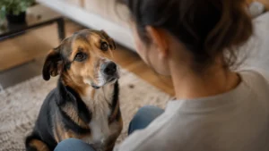 Sahibiyle sevgi ve güven dolu göz teması kuran ev köpeği.