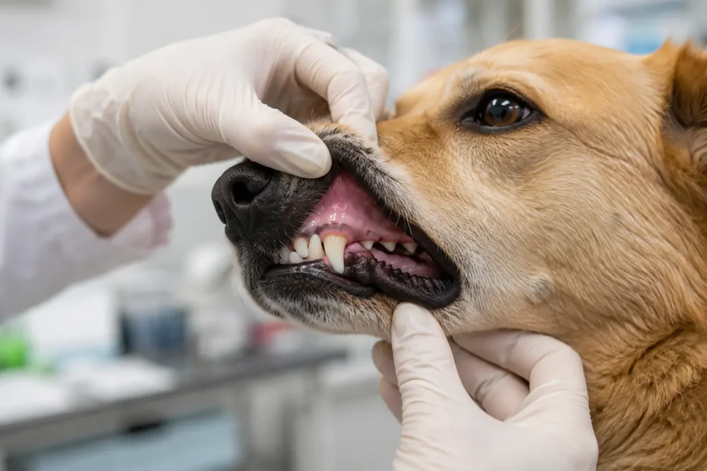 Köpekte susuzluk belirtisi olan diş eti kuruluğunu kontrol eden veteriner