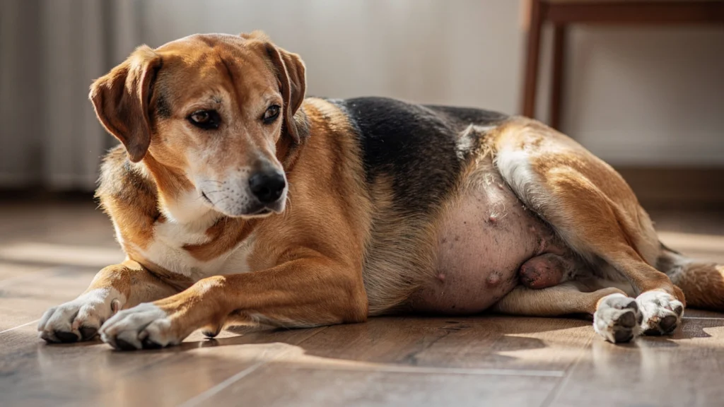Karın bölgesinde gaz ve şişkinlik nedeniyle rahatsız görünen ve yerde yatan ev köpeği