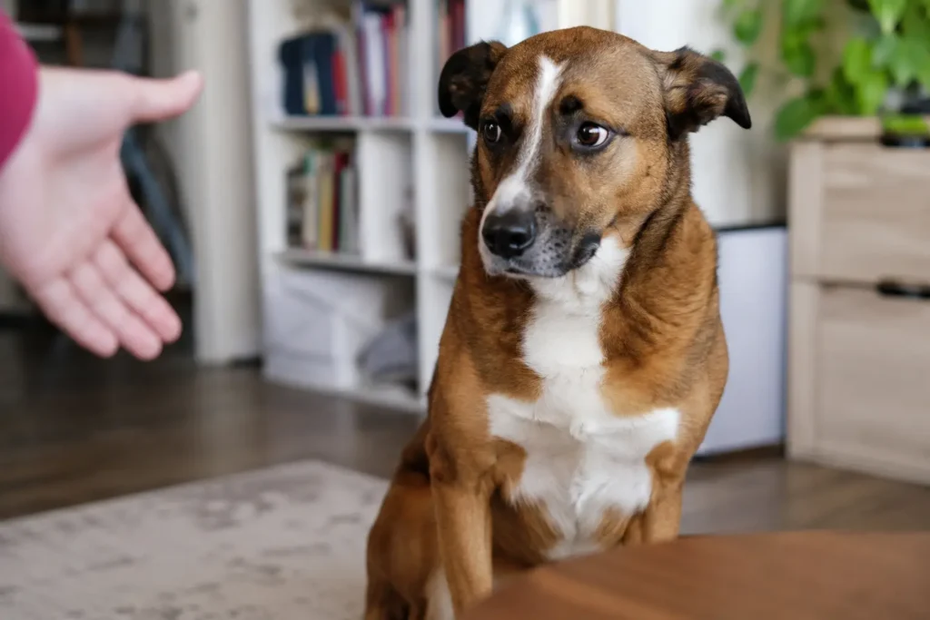 Sert ve gergin bakışla stres belirtisi gösteren köpek.