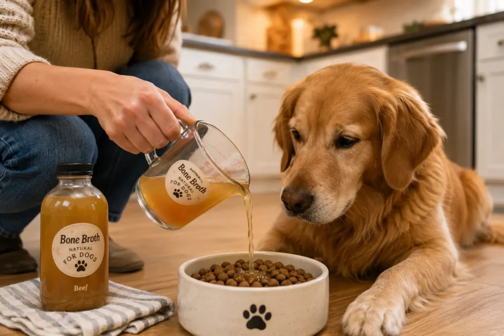 Su içmeyen köpeğini teşvik etmek için kemik suyu kullanarak mamasını hazırlayan ilgili köpek sahibi