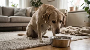 Dolu bir su kabının arkasında yatan, halsiz ve su içmeyi reddeden hasta ev köpeği