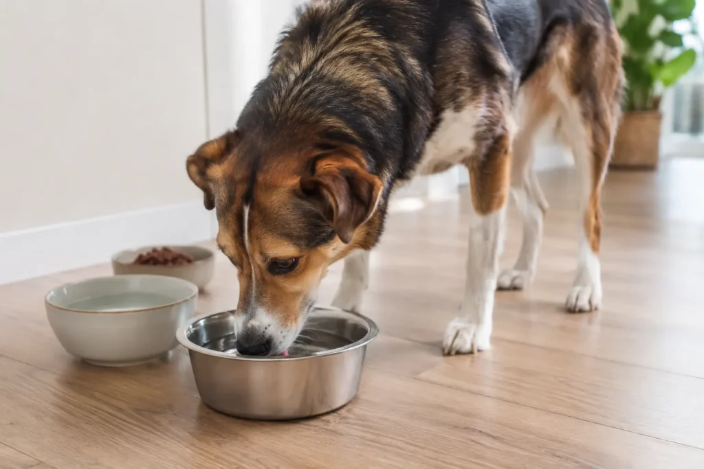 Ev ortamında temiz su kabından gönüllü olarak su içen köpek