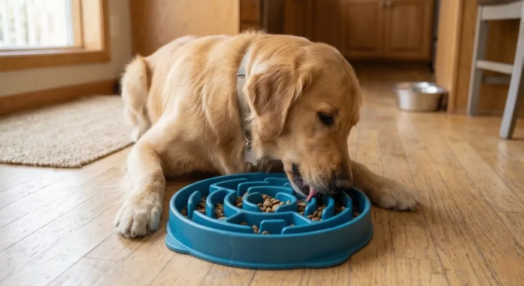 Hava yutmayı (aerofaji) ve gaz sancısını engellemek için tasarlanmış labirent şeklindeki yavaş yeme kabından mama yiyen köpek