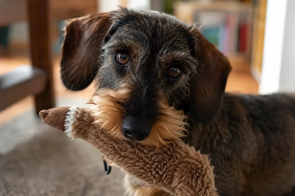 Oyuncağıyla kararlı ve meraklı şekilde sahibine bakan tel tüylü Dachshund.