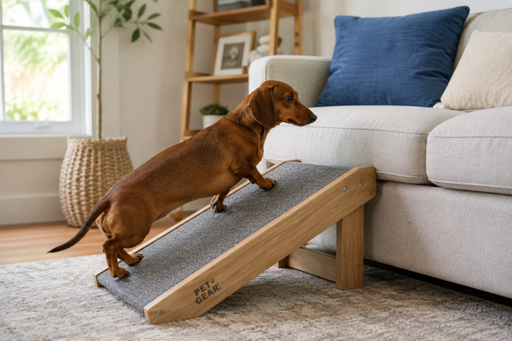 Omurga sağlığını korumak için koltuğa özel köpek rampasıyla çıkan Dachshund.