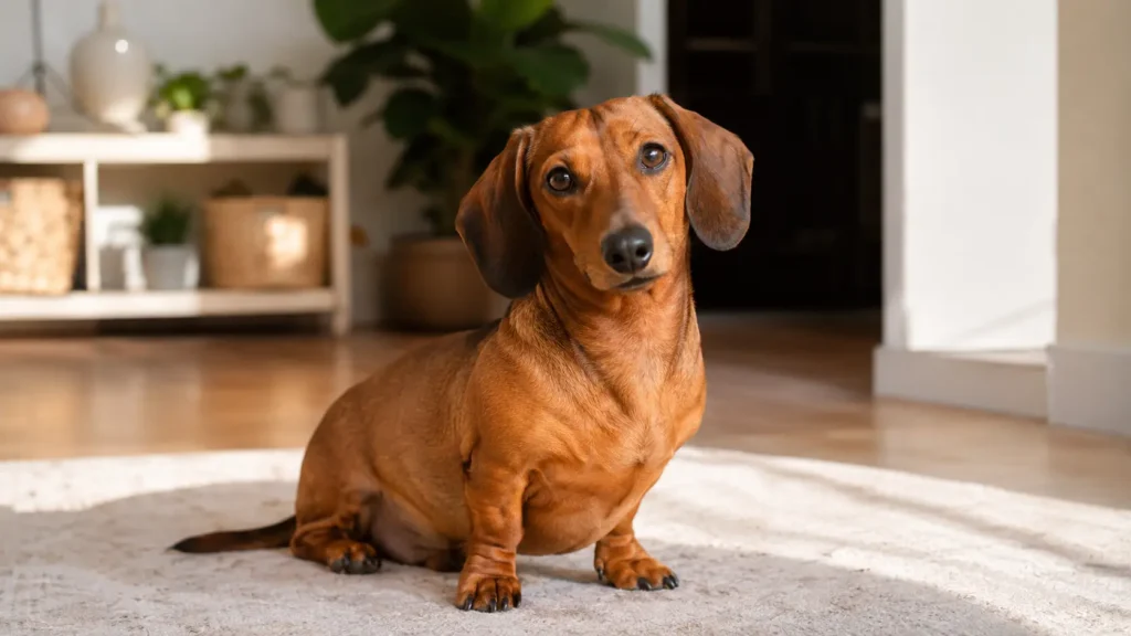 Uzun gövdesi, kısa bacakları ve dikkatli bakışlarıyla oturan Dachshund köpek.