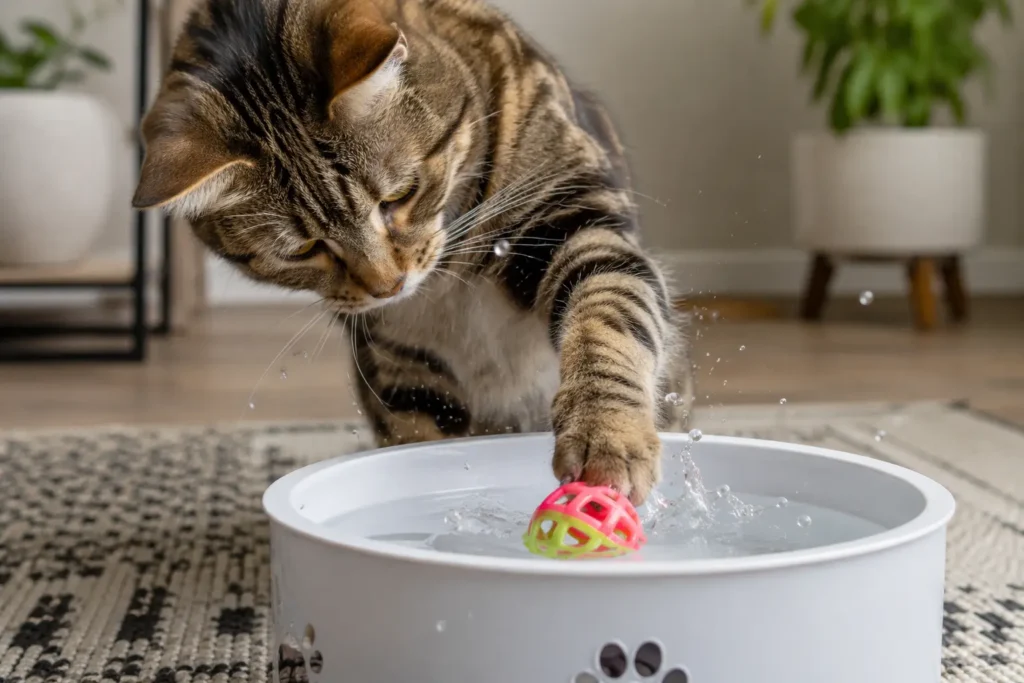 Su kabındaki oyuncak topa patisini daldırarak interaktif avlanma içgüdüsünü sergileyen kedi.