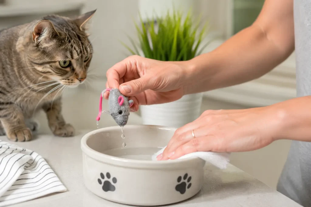 Su kabına atılan ıslak oyuncağı çıkarıp kabı temizleyen kedi sahibi.