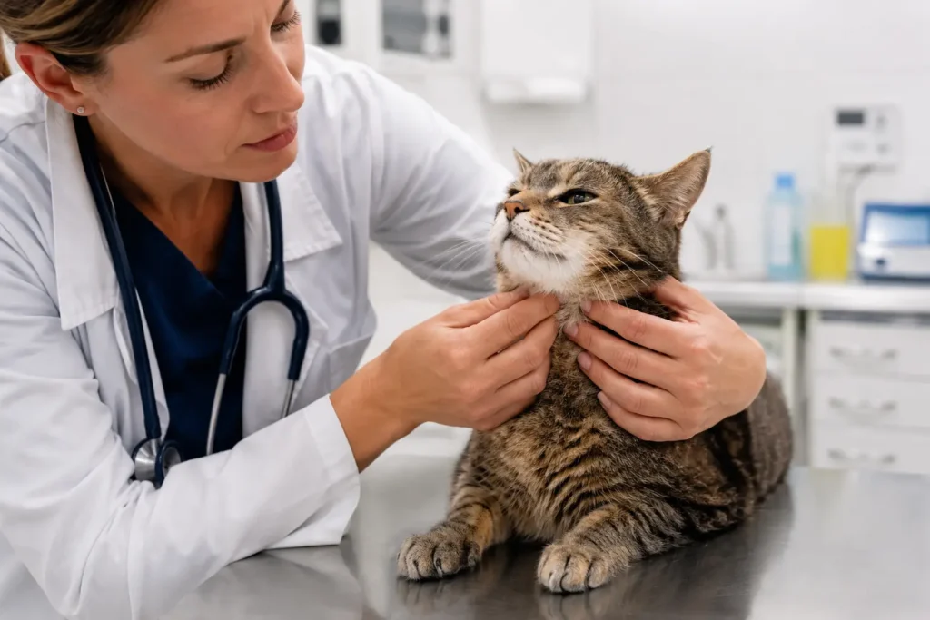 Veteriner hekim tarafından boyun bölgesindeki tiroid bezleri elle muayene edilen yaşlı kedi.