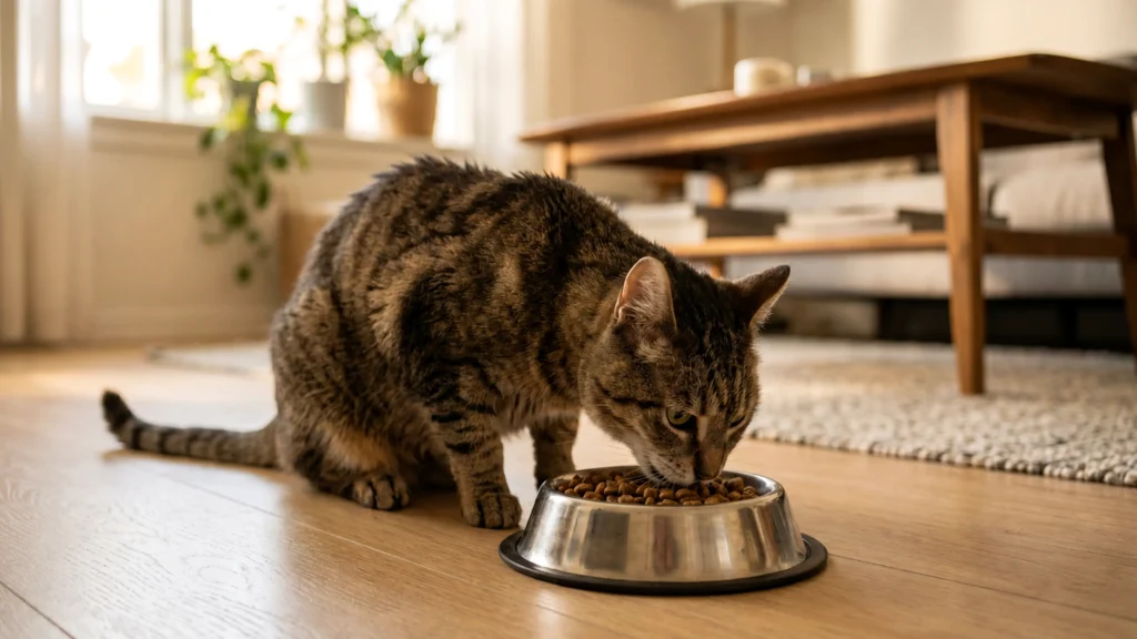 İştahla mamasını yemesine rağmen zayıflamış, tüyleri mat görünen yaşlı kedi.