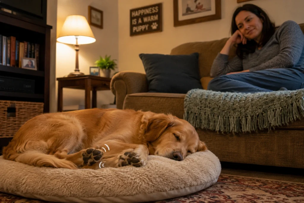 Uyuyan köpeğin pati hareketlerini dokunmadan gözlemleyen köpek sahibi.