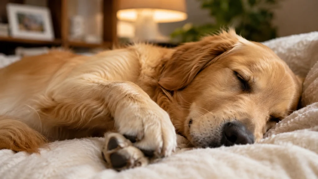 Uyurken patilerini hafifçe oynatan ve rüya görüyor gibi görünen köpek.