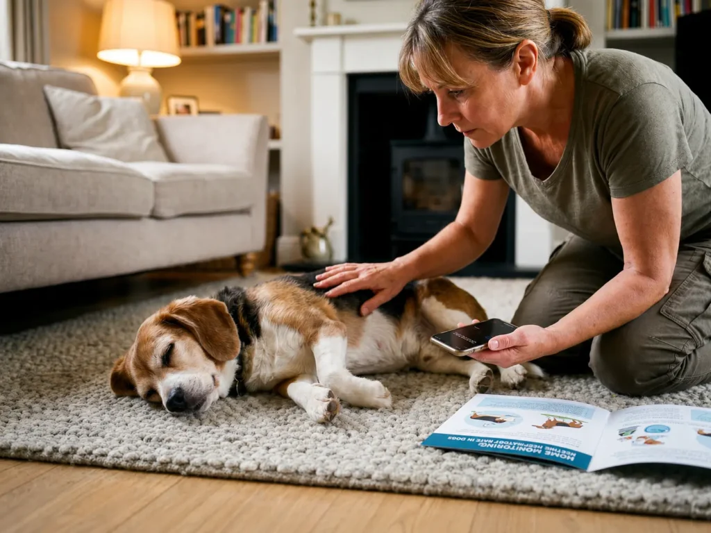 Evde uyurken istirahat nefes sayısı takip edilen yaşlı köpek.