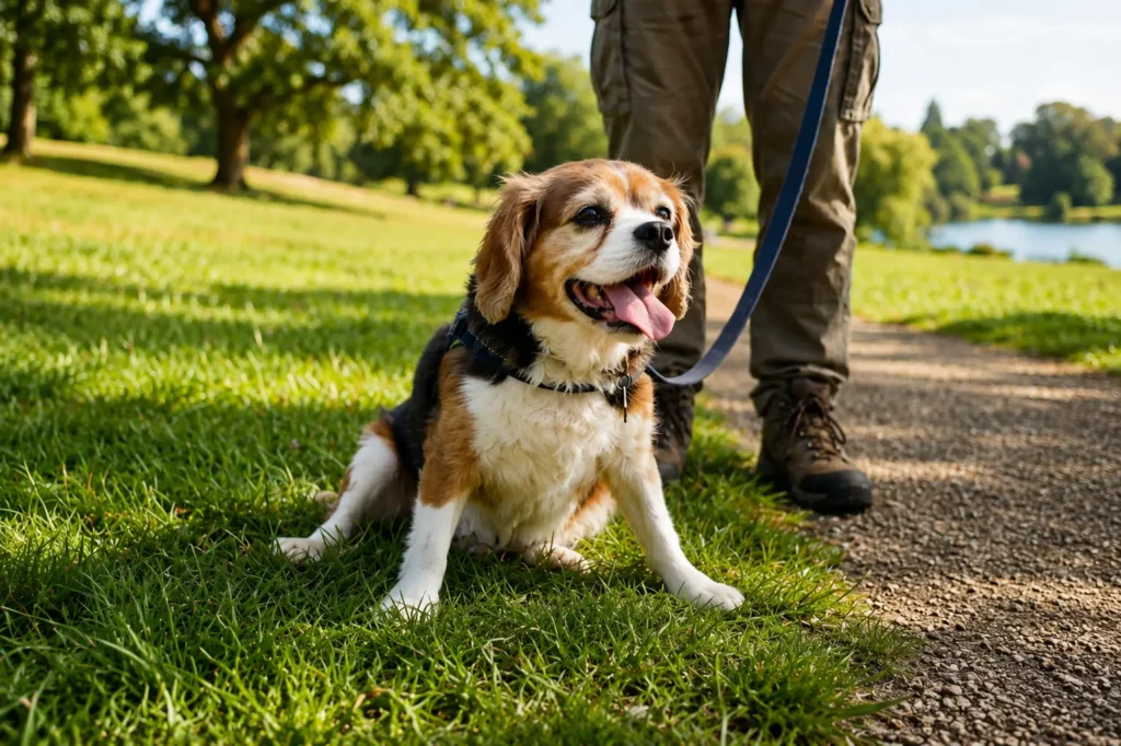 Kısa yürüyüş sonrası çabuk yorulma ve hızlı nefes belirtisi gösteren yaşlı köpek.