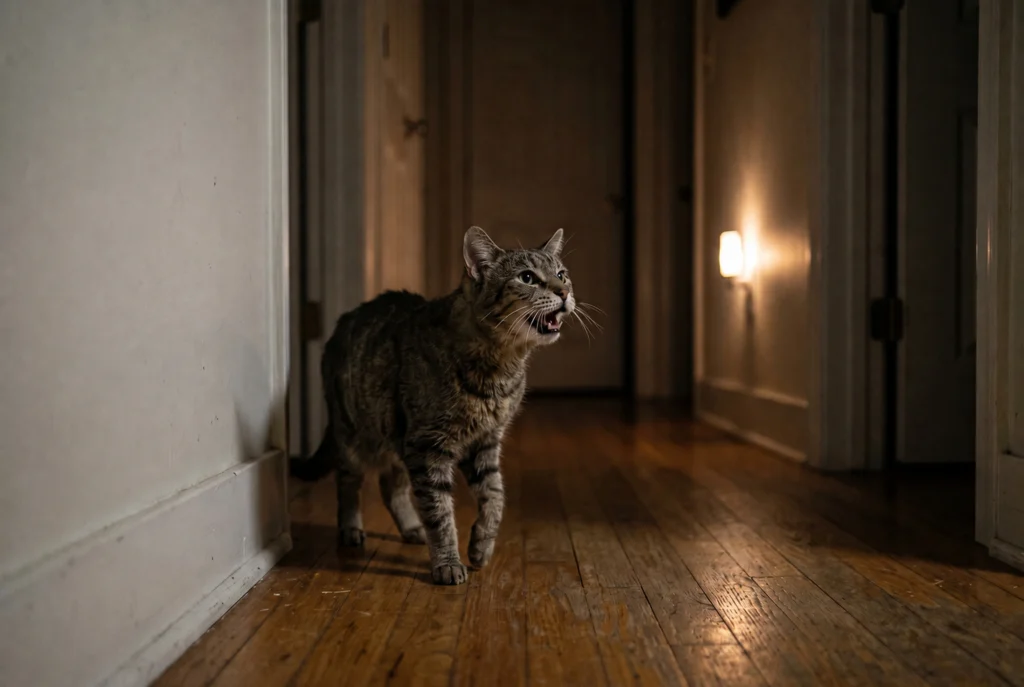 Hipertiroidi kaynaklı huzursuzluk nedeniyle gece koridorda miyavlayan yaşlı kedi.